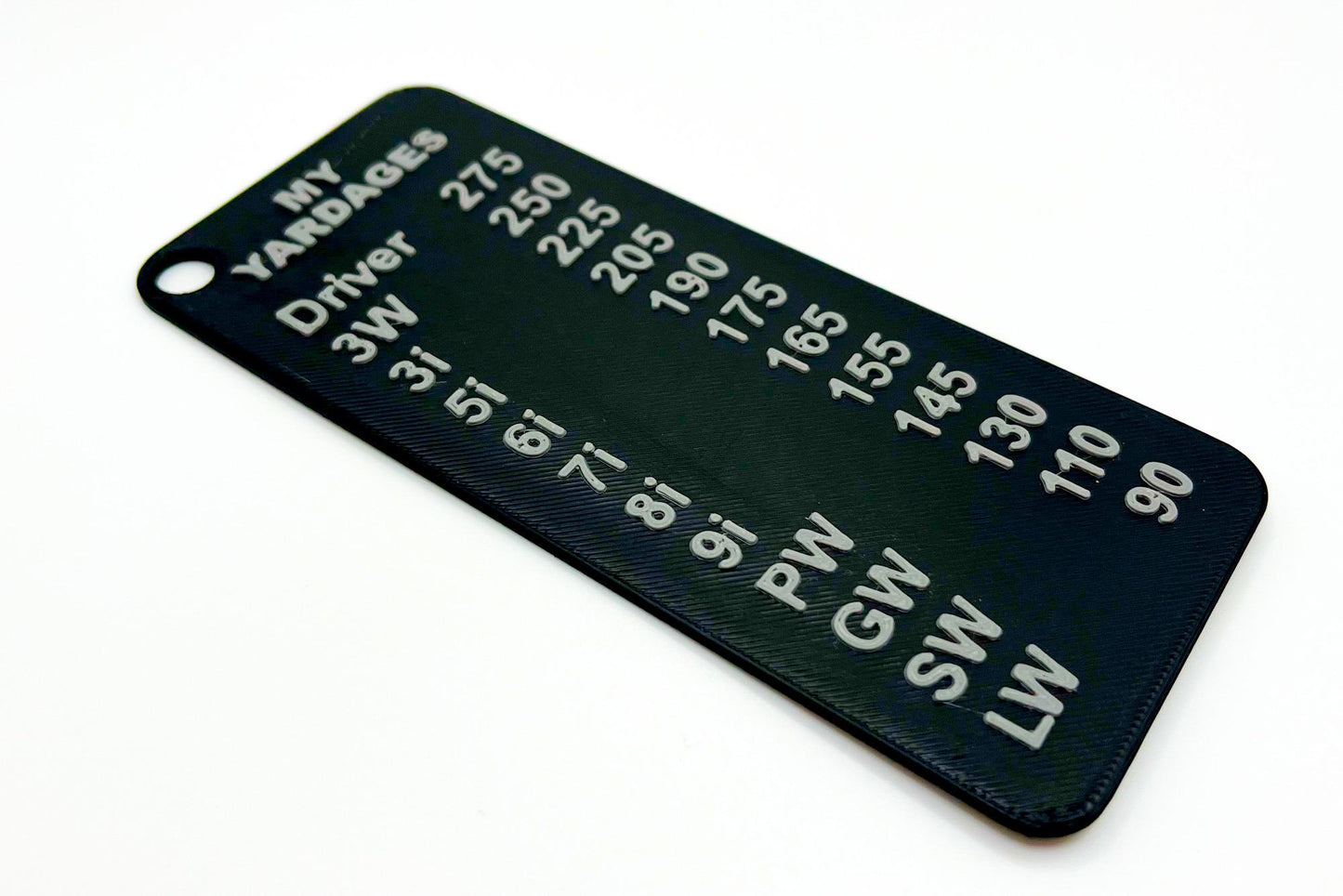 Personalised golf yardage card - 3D printed plastic, listing your own club yardages - 3Dudes & Dad
