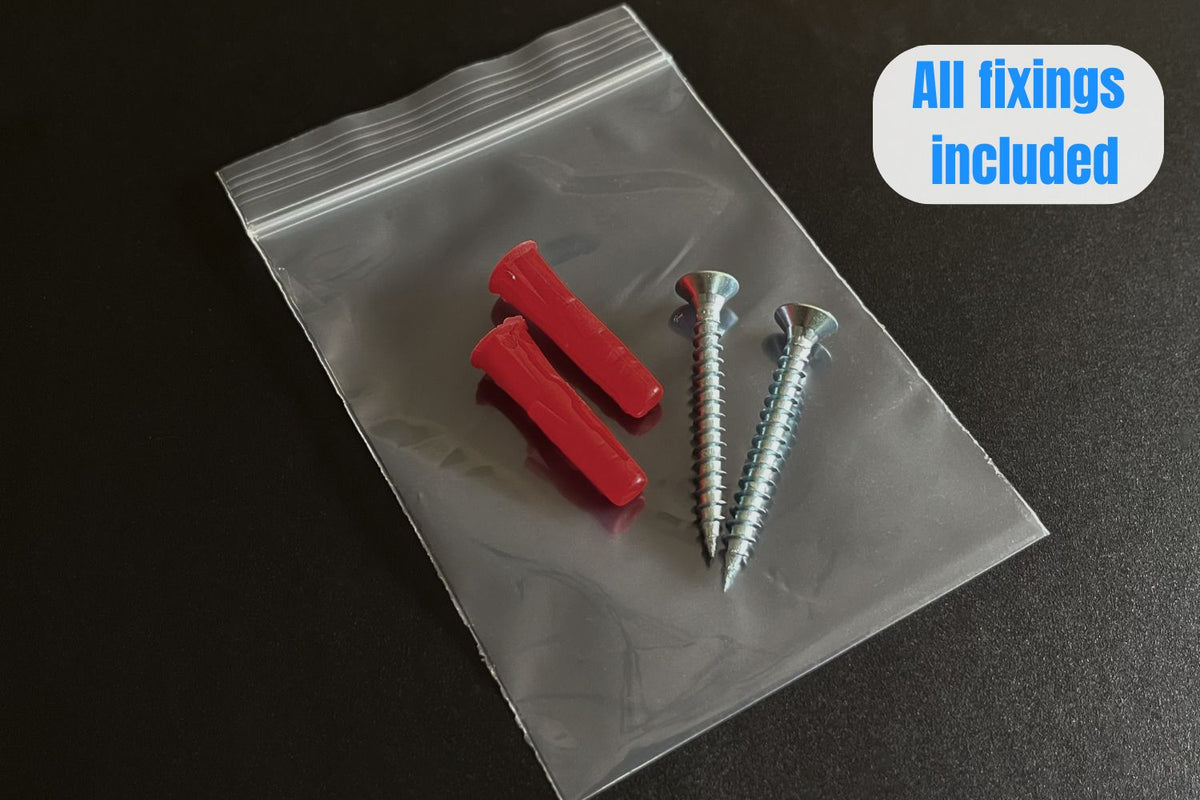 Two screws and two red Rawlplug wall plugs supplied with a 3Dudes & Dad wall mount.