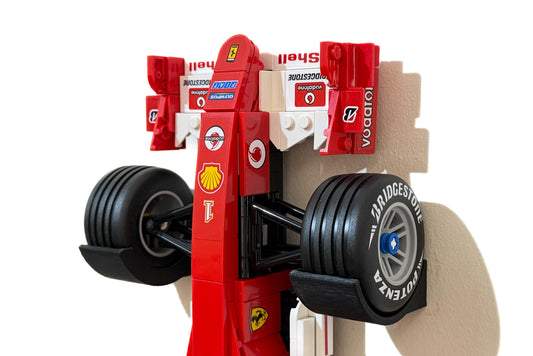 Close up of 3Dudes & Dad wall mount for LEGO Icons Ferrari F2004 wall mount