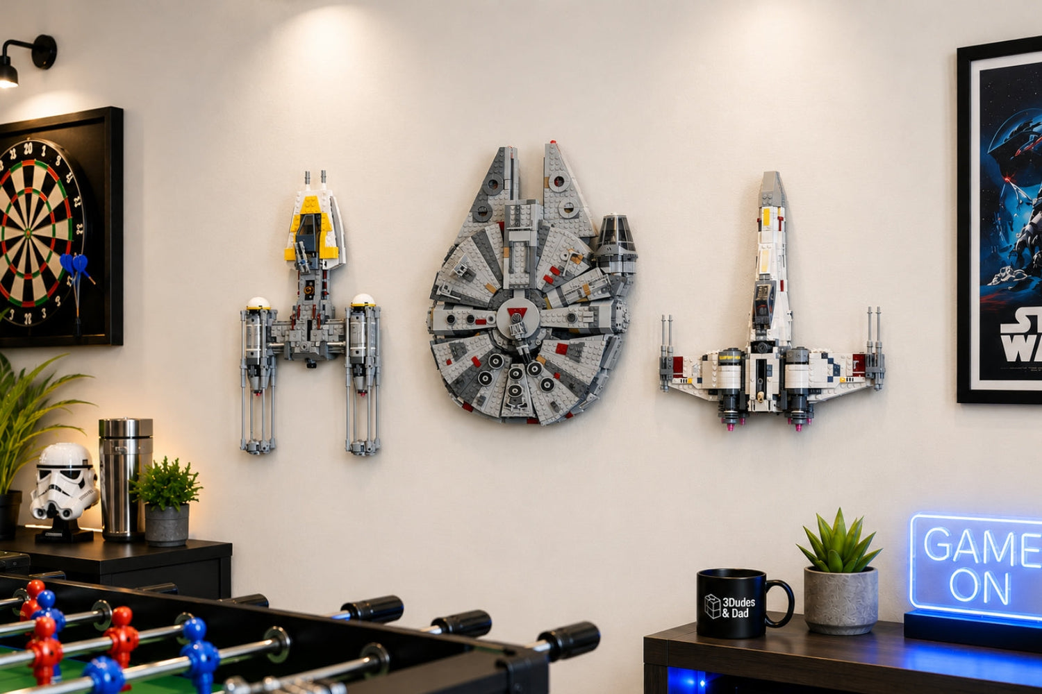 Wall mounted LEGO Y Wing Millennium Falcon X Wing in a games room