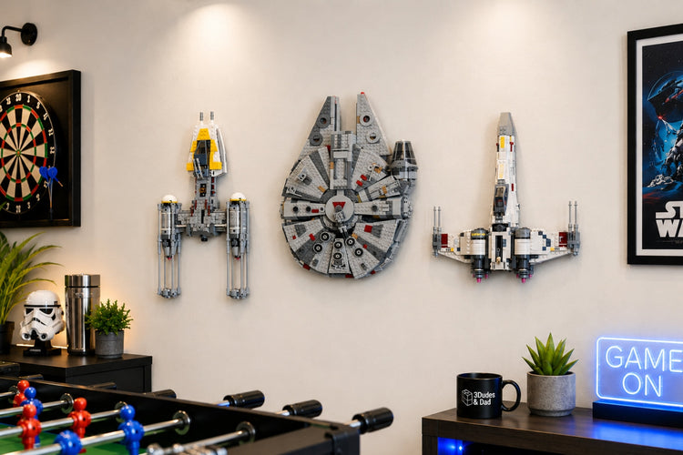 Wall mounted LEGO Y Wing Millennium Falcon X Wing in a games room