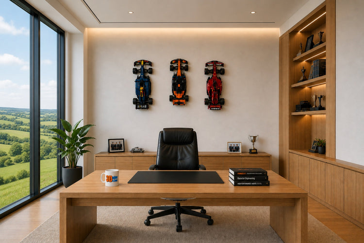 Wall mounted LEGO Red Bull McLaren MCL39 Ferrari F1 cars in an office