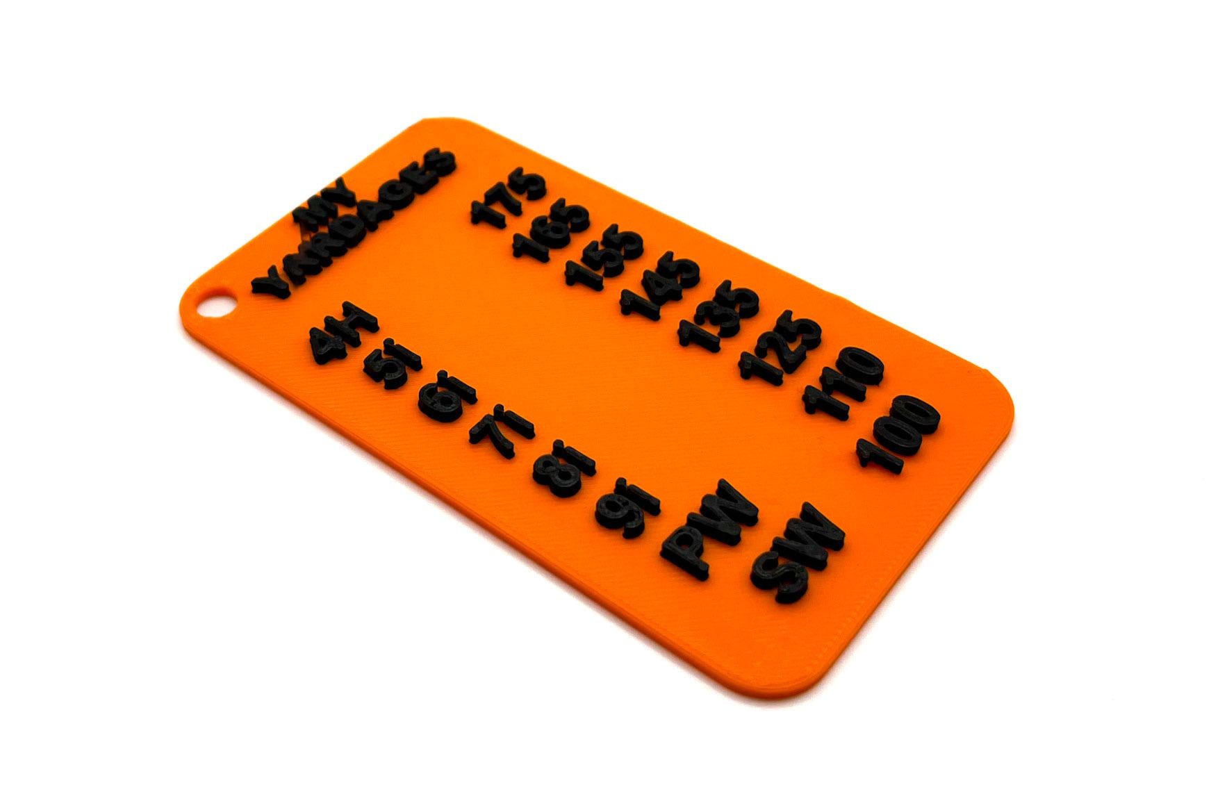 Personalised golf yardage card - 3D printed plastic, listing your own club yardages - 3Dudes & Dad