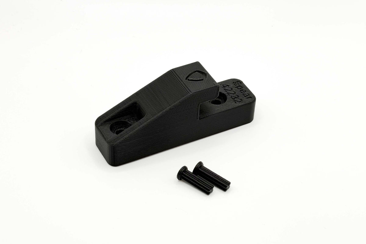 Black wall mount bracket and two engine bay retention pins for LEGO Technic Koenigsegg Sadair's Spear 42232.