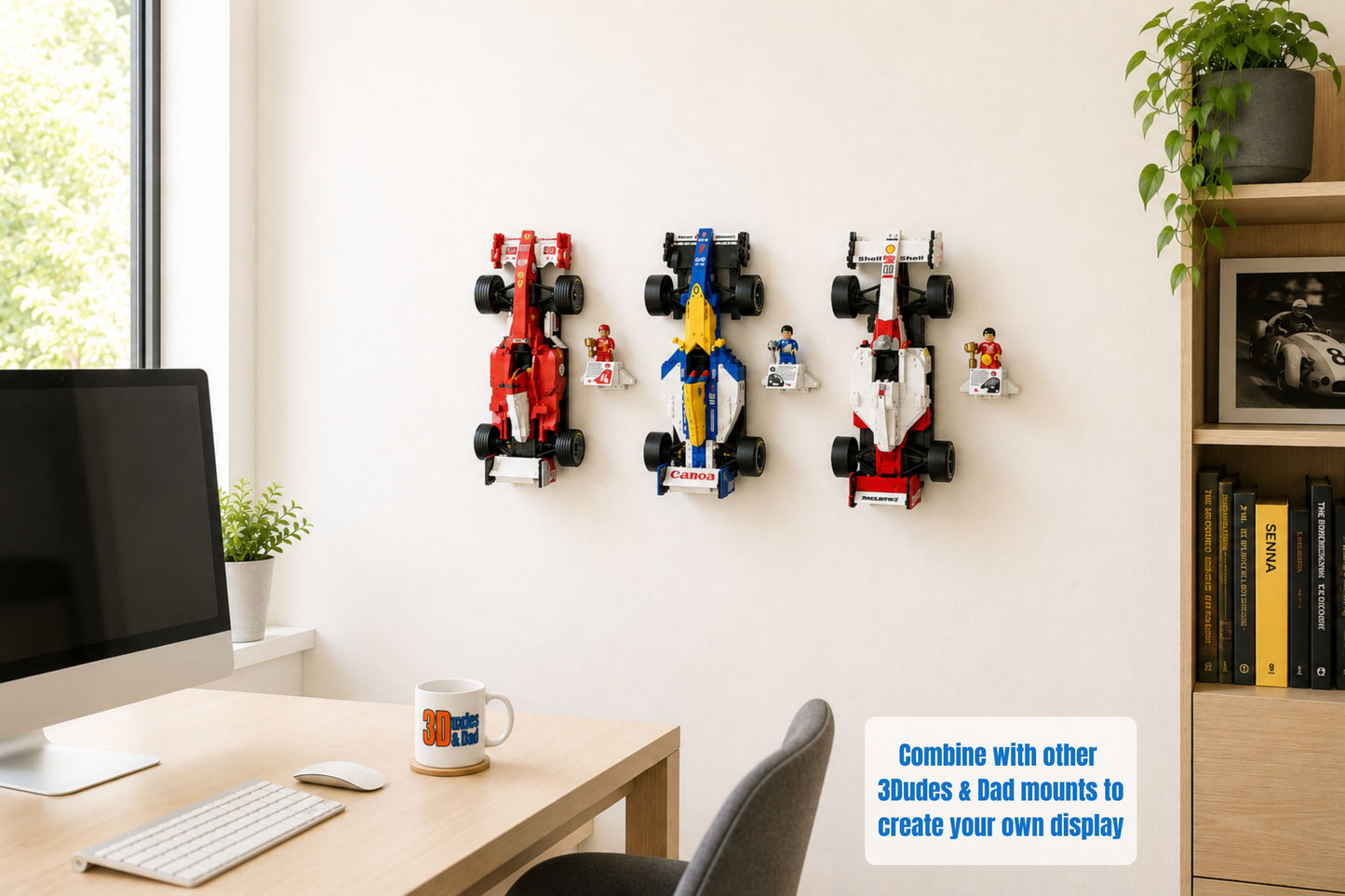 Wall-mounted LEGO Icons F1 car display in a home office setting with a computer desk and chair.
