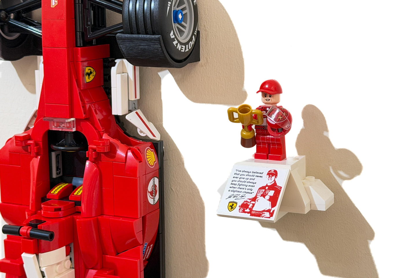 Wall mounted LEGO Icons Ferrari 2004 11375 with minifigure