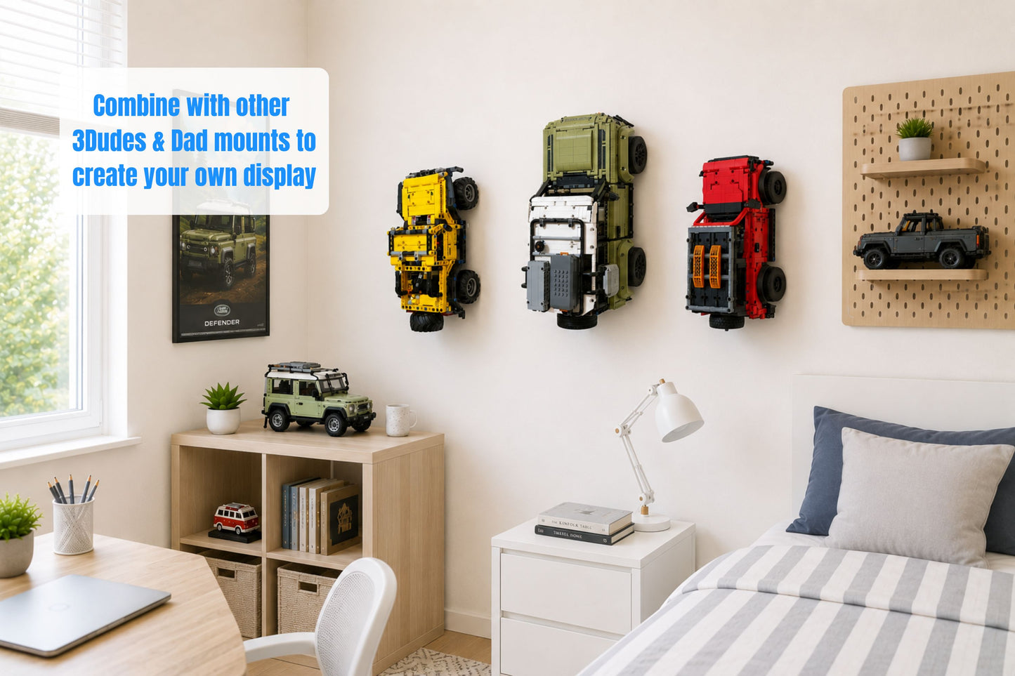 Room interior with wall-mounted LEGO Technic Ford Bronco 42213 and a bed.