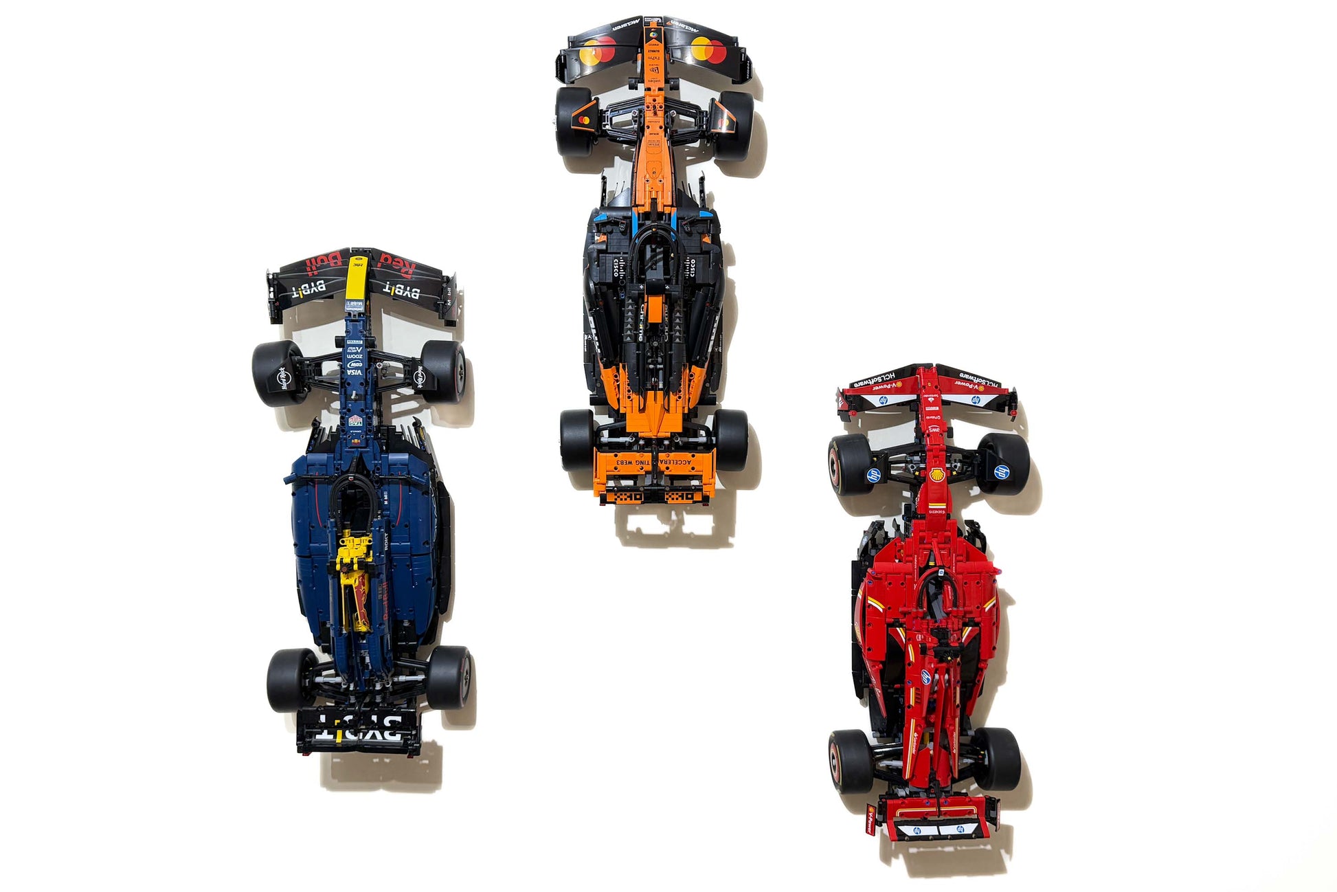 Wall mounted LEGO McLaren MCL39 Red Bull and Ferrari F1 cars