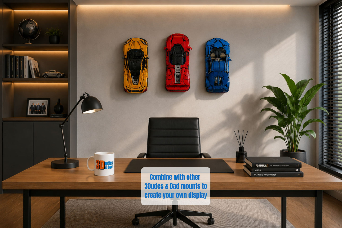 Wall mounted Lego Technic McLaren 1 Ferrari Daytona Bugatti Chiron in an office
