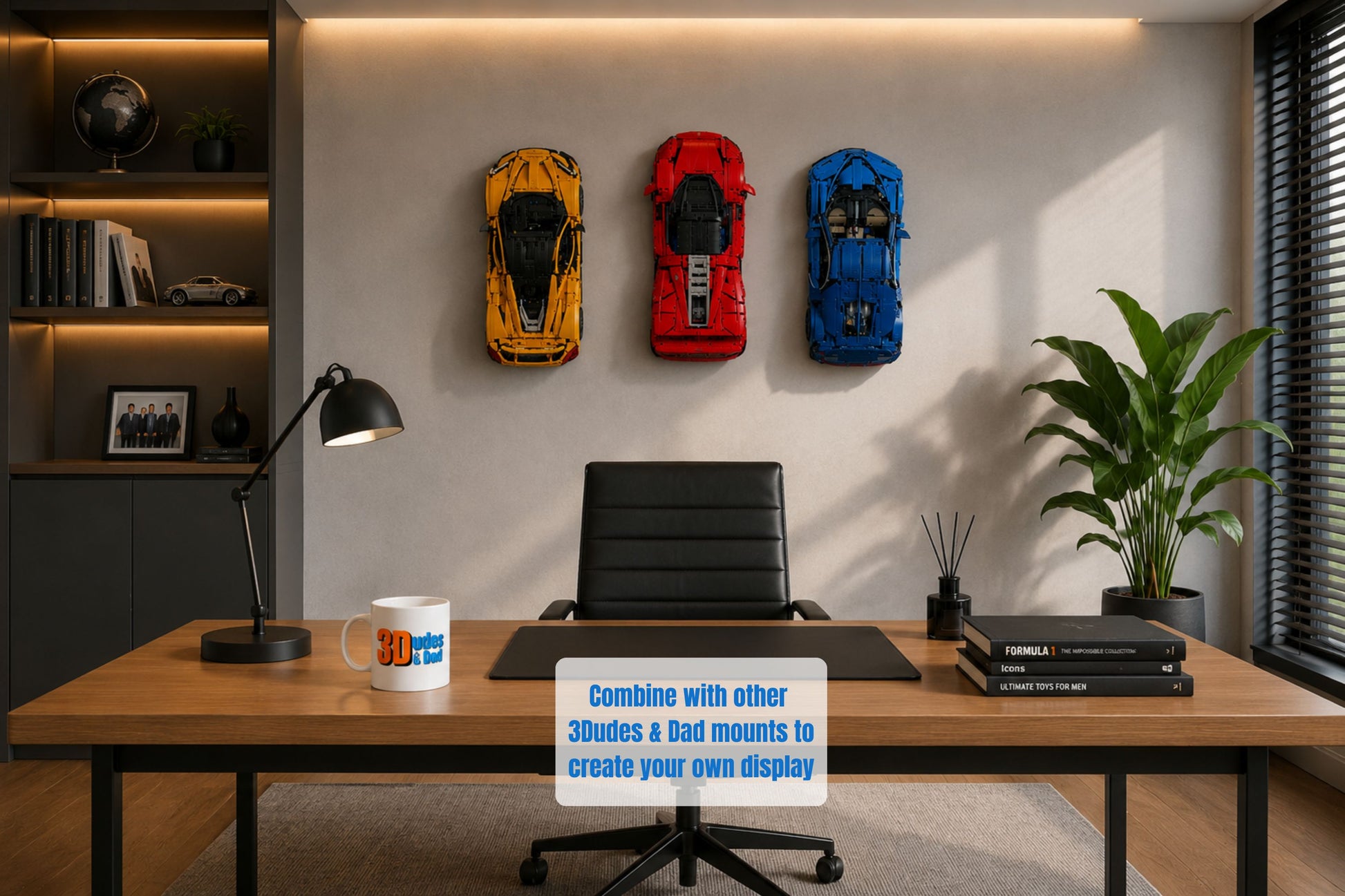 Wall mounted Lego Technic McLaren 1 Ferrari Daytona Bugatti Chiron in an office