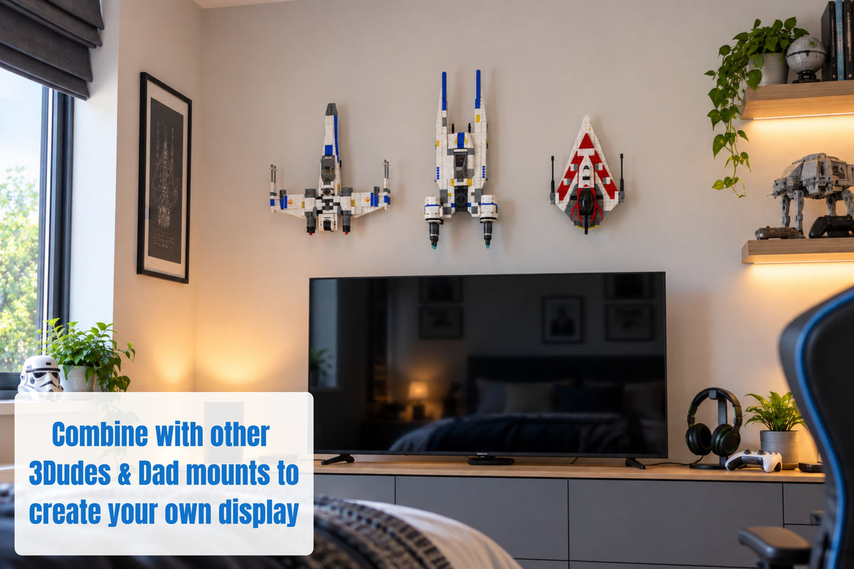 Wall mounted Lego Star Wars X Wing U wing jedi Bob on a bredroom wall 2