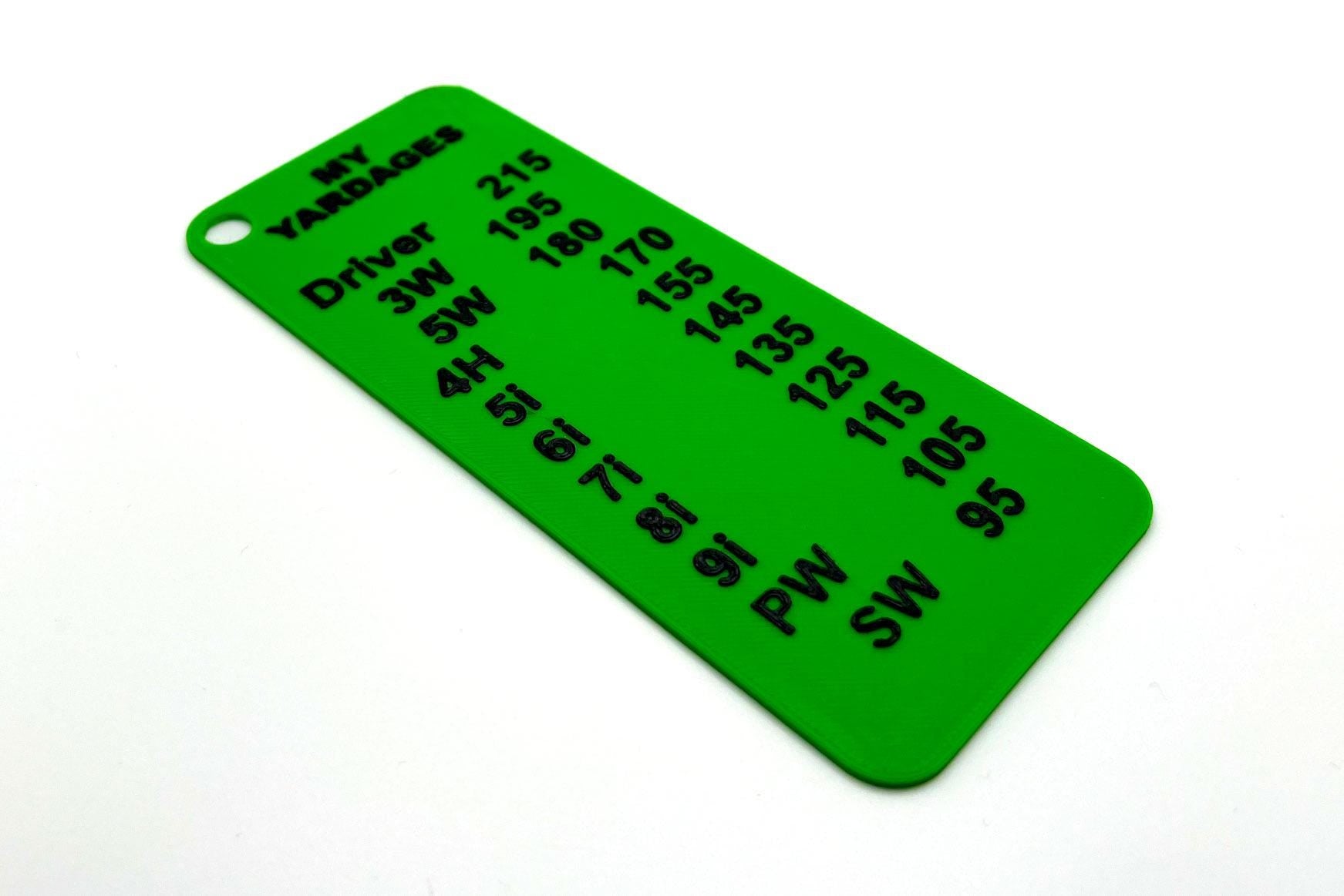 Personalised golf yardage card - 3D printed plastic, listing your own club yardages - 3Dudes & Dad